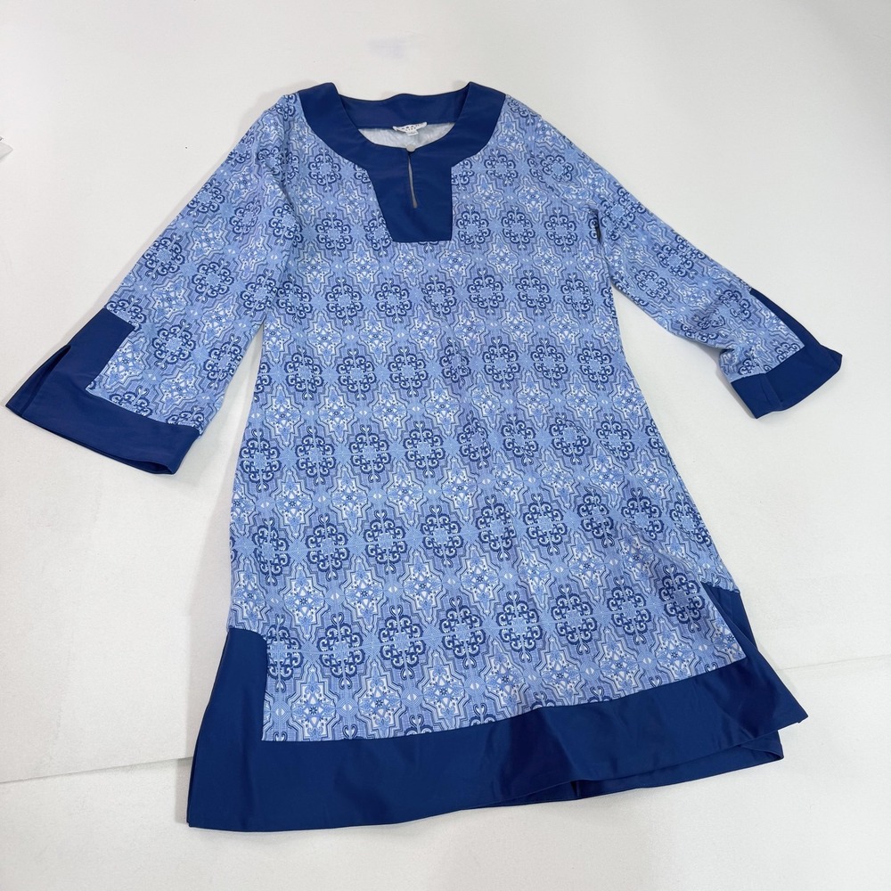 Cabana Life Dress Womens Large Blue Tile‎ Print Tunic Shift Sun Protective UPF